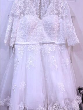 JJs House White Lace A-Line Wedding Dress with Illusion Sleeves